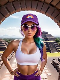 A 26 year old hispanic girl with rainbow hair wearing sports bra and yoga pants at Teotihuacan
